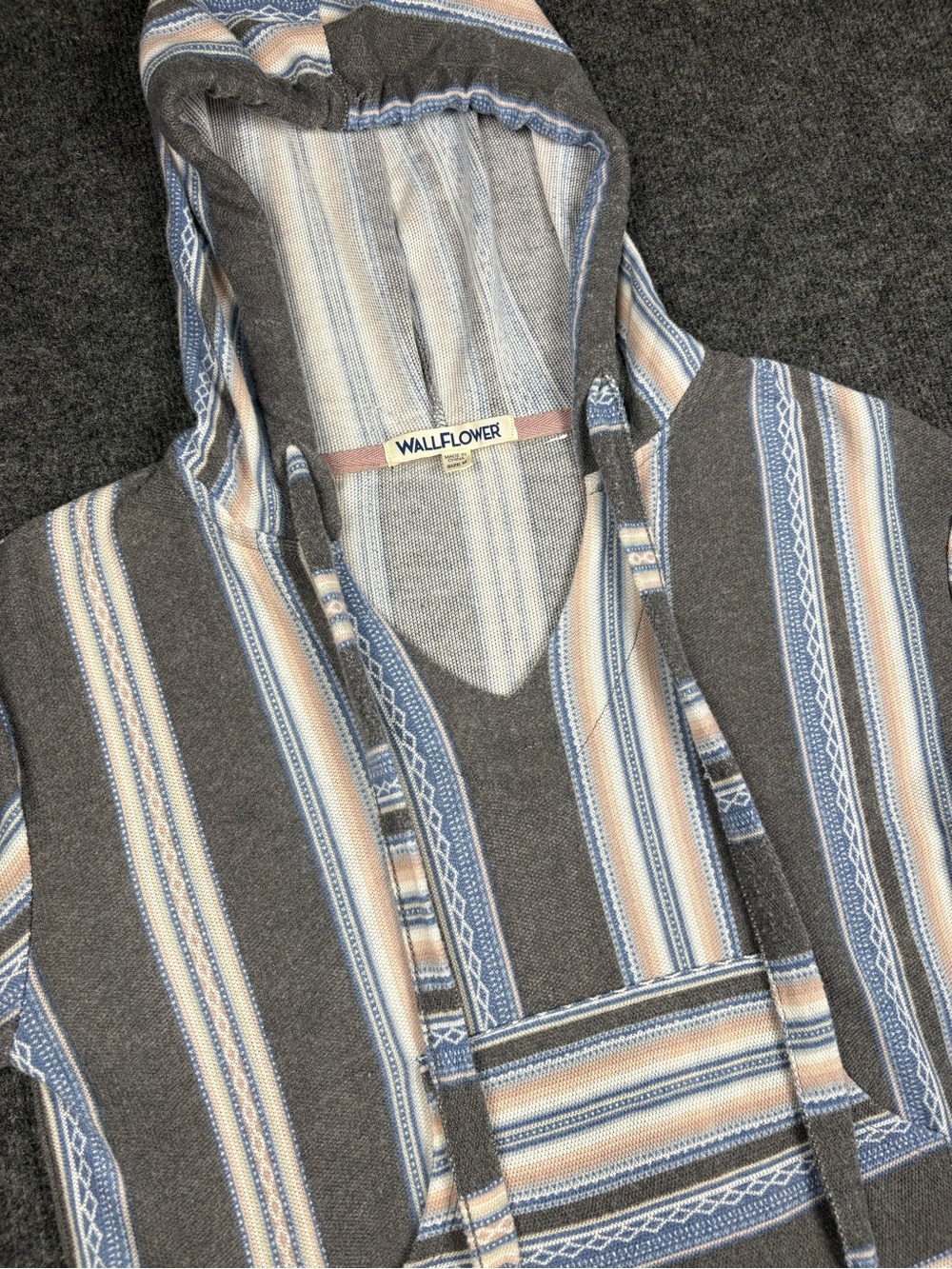 Wallflower Striped Hooded Baja Pullover in Gray, Blue & Cream